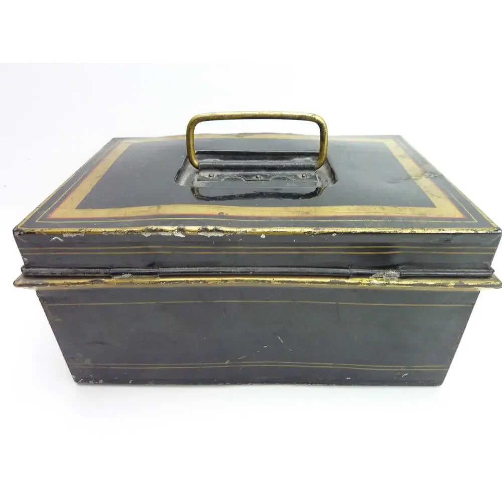 Damaged Antique Metal Cash Box Vintage 1920s Document Safe Black Pinstripe